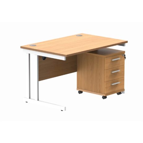 Double upright rectangular desk in Norwegian Beech with white frame and a 3-drawer mobile pedestal. Dimensions: 1200x800mm.