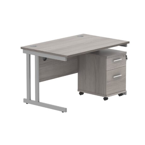 Double upright rectangular desk in Alaskan Grey Oak with silver frame, featuring a 2-drawer mobile pedestal.