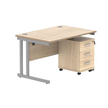 Double upright rectangular desk in Canadian Oak with silver frame and 3-drawer mobile pedestal. Dimensions: 1200 x 800 mm.