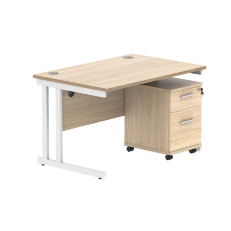 Double upright rectangular desk in Canadian Oak with white frame, featuring a 2-drawer mobile pedestal. Dimensions: 1200 x 800.