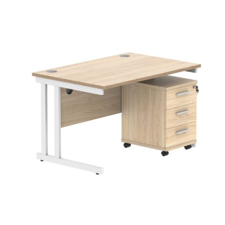 Double upright rectangular desk with Canadian Oak top and white frame, featuring a 3-drawer mobile under desk pedestal.