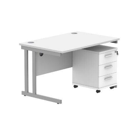 Double upright rectangular desk in Arctic White with silver frame and 2-drawer mobile pedestal. Dimensions: 1200 x 800 mm.