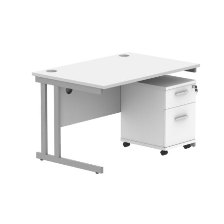 Double upright rectangular desk in Arctic White with silver frame and 3-drawer mobile pedestal. Dimensions 1200 x 800 mm.