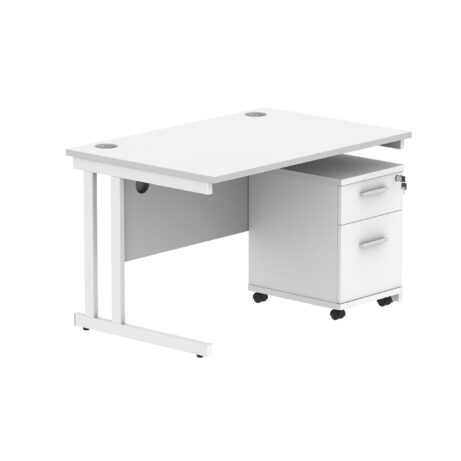 Double upright rectangular desk in Arctic White with a white frame and a 2-drawer mobile under desk pedestal.