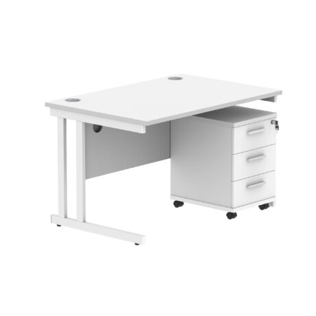 Double upright rectangular desk, 1200x800mm, Arctic White top and white frame, with 3-drawer mobile pedestal.