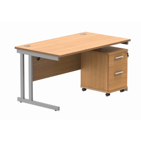 Double upright rectangular desk in Norwegian Beech with silver frame, featuring a mobile two-drawer pedestal.