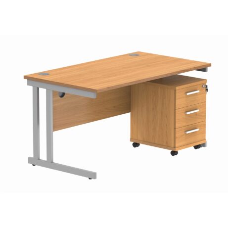 Double upright rectangular desk with Norwegian Beech top and silver frame, paired with a 3-drawer mobile pedestal.