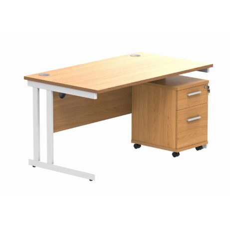 Double upright rectangular desk with Norwegian Beech top and white frame, featuring a mobile 2-drawer pedestal.
