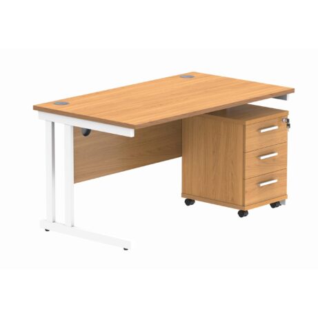 Double upright rectangular desk in Norwegian Beech with white frame, featuring a 3-drawer mobile pedestal.
