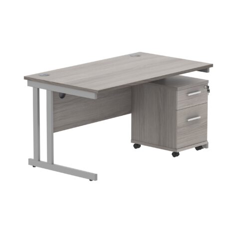 Double upright rectangular desk in Alaskan grey oak with silver frame and a two-drawer mobile under-desk pedestal.