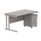 Double upright rectangular desk in Alaskan grey oak with silver frame and a three-drawer mobile under desk pedestal.