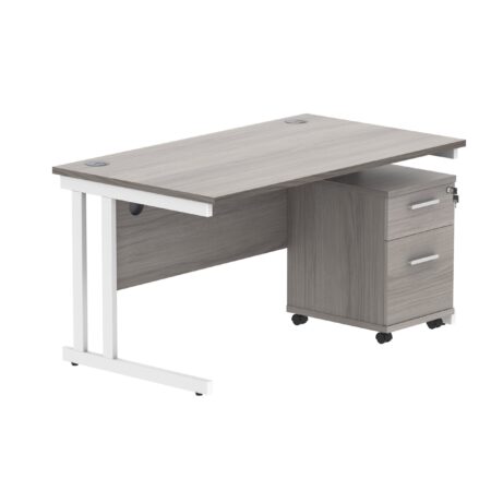 Double upright rectangular desk with Alaskan grey oak top and white frame, featuring a mobile pedestal with two drawers.
