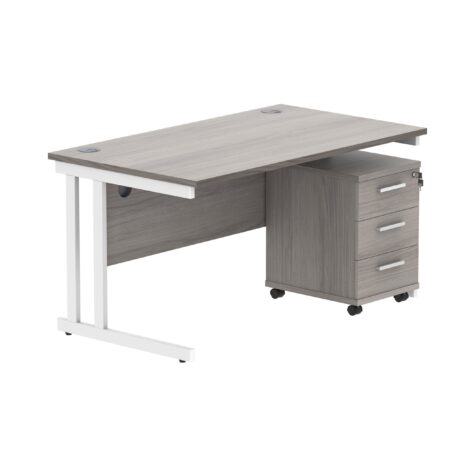 Double upright rectangular desk with Alaskan grey oak top and white frame, paired with a 3-drawer mobile pedestal.