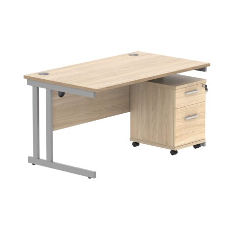 Double upright rectangular desk in Canadian Oak, with silver frame and 2-drawer mobile pedestal. Dimensions 1400 x 800 mm.