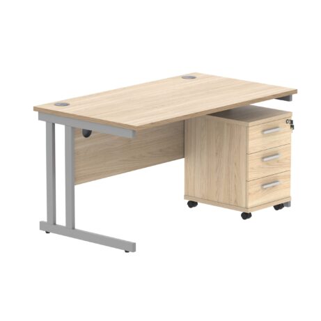 Double upright rectangular desk in Canadian Oak with a silver frame and a three-drawer mobile pedestal.