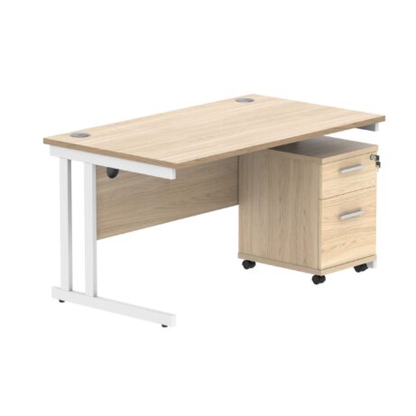 Double upright rectangular desk in Canadian Oak with white frame, featuring a 2-drawer mobile pedestal. Dimensions: 1400 x 800 mm.