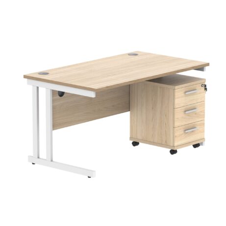 Double upright rectangular desk in Canadian Oak with white frame and 3-drawer mobile under desk pedestal. Dimensions 1400 x 800.