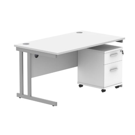 Double upright rectangular desk in Arctic White with silver frame and 2-drawer mobile pedestal. Dimensions 1400 x 800 mm.