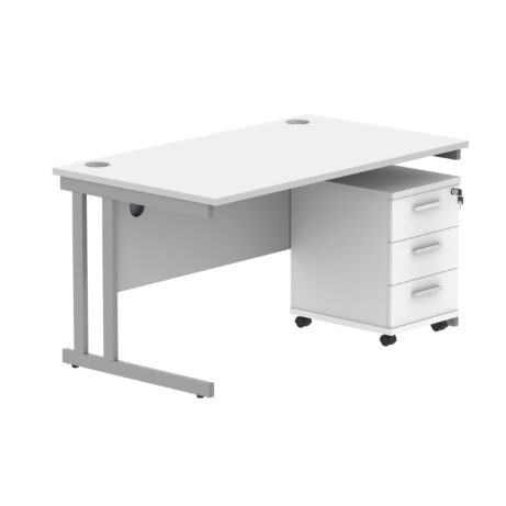 Double upright rectangular desk with Arctic White top and silver frame, featuring a three-drawer mobile pedestal.