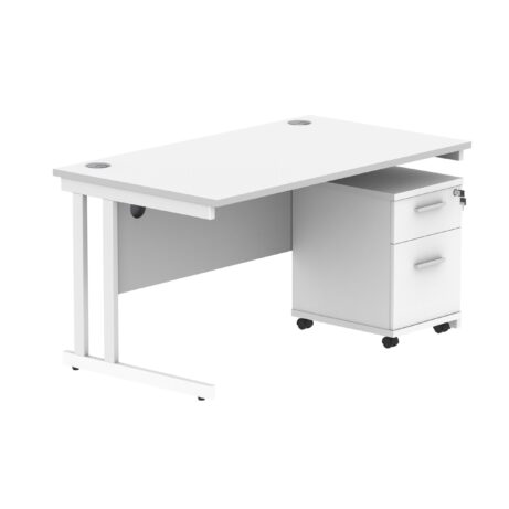 Double upright rectangular desk with arctic white top, white frame, and a two-drawer mobile pedestal. Dimensions 1400 x 800.