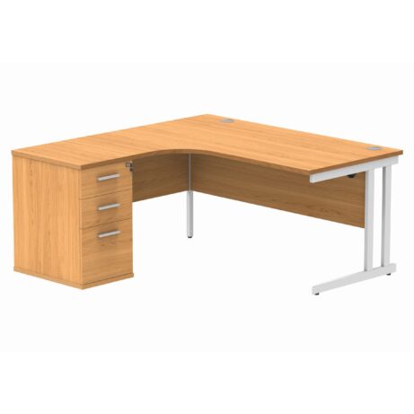 Double upright left-hand radial desk with desk high pedestal, Norwegian Beech and white finish, dimensions 1600x1200mm.