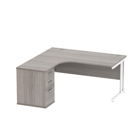 Double upright left-hand radial desk with desk high pedestal in Alaskan grey oak and white, 1600x1200mm top, 600mm deep.