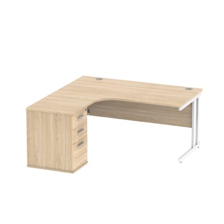 Left hand radial desk with desk high pedestal in Canadian Oak and white, dimensions 1600 x 1200mm, features three drawers.