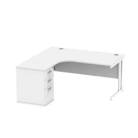 Double upright left hand radial desk with desk high pedestal, Arctic White finish, dimensions 1600 x 1200mm, 600mm deep pedestal.