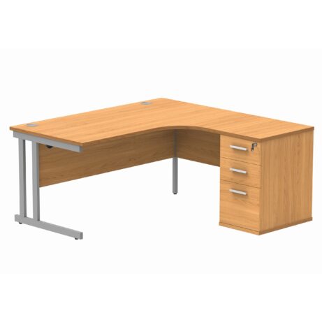 Double upright right-hand radial desk in Norwegian Beech with silver frame and 600mm deep desk high pedestal.