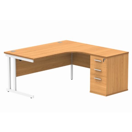 Double Upright Right Hand Radial Desk with 600mm Deep Pedestal, Norwegian Beech and White finish, dimensions 1600 x 1200mm.