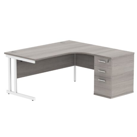 Double upright right hand radial desk with desk high pedestal in Alaskan Grey Oak/White, 1600x1200mm, 600mm deep.