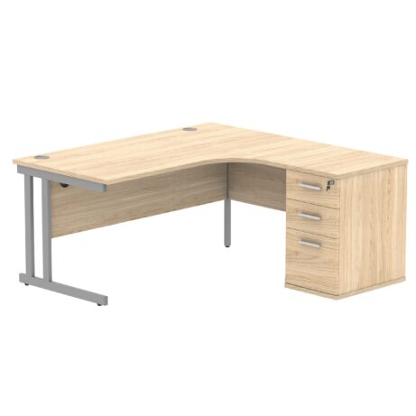 Double upright right hand radial desk with desk high pedestal, Canadian Oak/Silver, 1600x1200mm, 600mm deep.