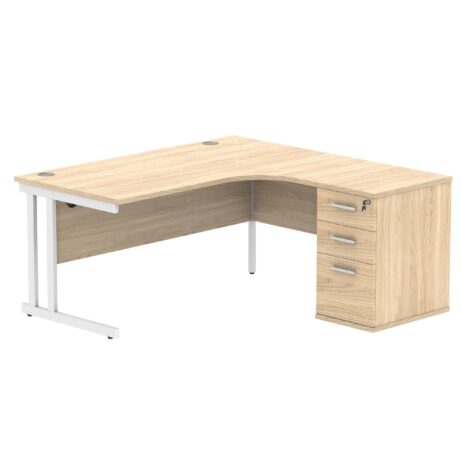 Double upright right-hand radial desk with desk high pedestal, Canadian oak and white, 1600x1200, 600mm deep pedestal.
