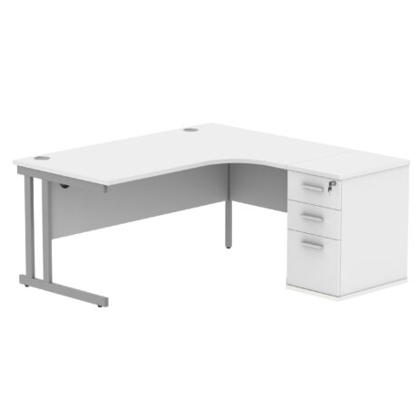 Double upright right hand radial desk with desk high pedestal, arctic white and silver, 1600x1200mm, 600mm deep pedestal.