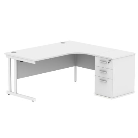 Double upright right-hand radial desk with a desk high pedestal in Arctic White/White, dimensions 1600 x 1200mm.