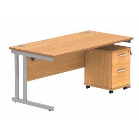 Double upright rectangular desk in Norwegian Beech with silver frame and mobile pedestal featuring two drawers.