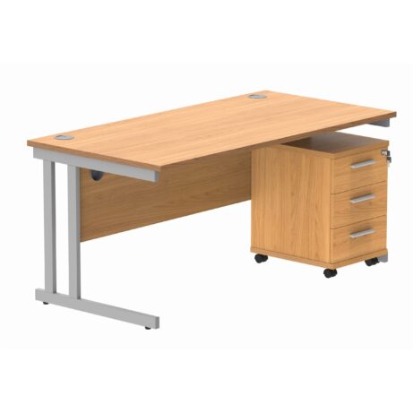 Double upright rectangular desk in Norwegian Beech with silver frame and 3-drawer mobile under-desk pedestal.