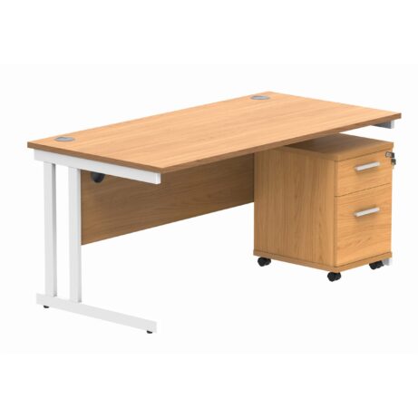 Double upright rectangular desk in Norwegian Beech with white frame and two-drawer mobile under desk pedestal.