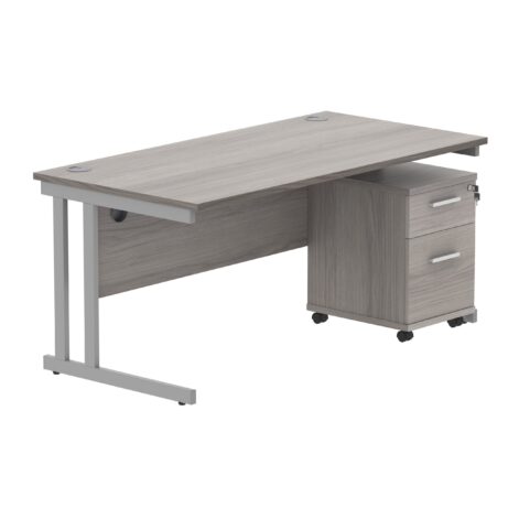 Double upright rectangular desk in Alaskan Grey Oak with silver frame and a two-drawer mobile pedestal.