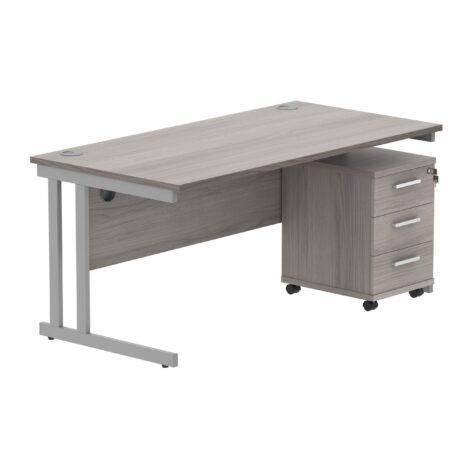 Double upright rectangular desk in Alaskan Grey Oak with silver frame and a 3-drawer mobile pedestal on wheels.