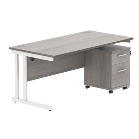 Double upright rectangular desk in Alaskan Grey Oak with a white frame and a mobile under-desk pedestal with two drawers.