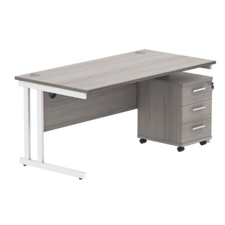 Double upright rectangular desk in Alaskan Grey Oak with white frame, featuring a 3-drawer mobile pedestal.