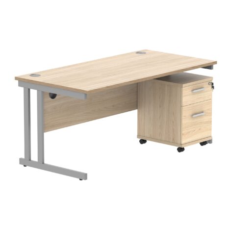 Double upright rectangular desk in Canadian Oak with silver frame and a two-drawer mobile pedestal. Dimensions: 1600 x 800 mm.