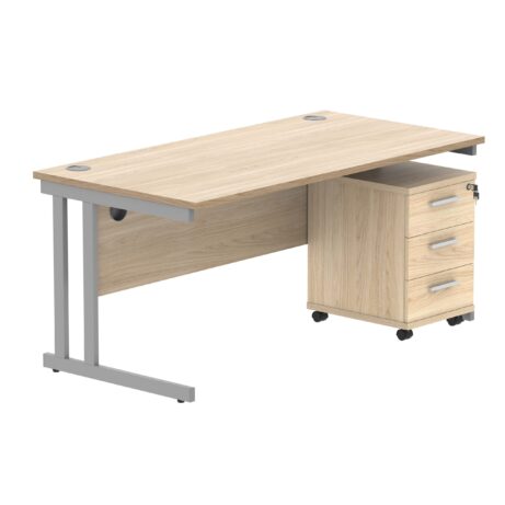 Double Upright Rectangular Desk in Canadian Oak with silver frame, featuring a 3-drawer mobile pedestal.