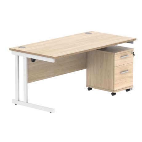 Double upright rectangular desk in Canadian Oak with a white frame and a mobile two-drawer pedestal. Dimensions 1600 x 800 mm.