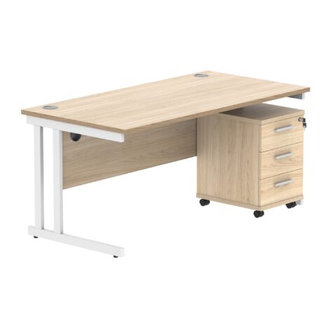 Double upright rectangular desk with Canadian Oak top and white frame, featuring a 3-drawer mobile pedestal.