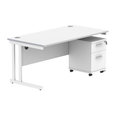 Double Upright Rectangular Desk with Arctic White top and white frame, featuring a mobile pedestal with 2 drawers.