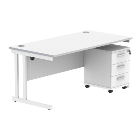 Double upright rectangular desk in Arctic White with a white frame and a 3-drawer mobile pedestal.