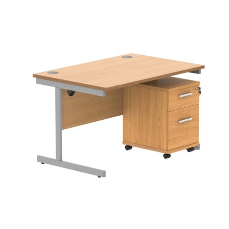 Single upright rectangular desk in Norwegian beech with silver frame and 3-drawer mobile pedestal. Dimensions: 1200x800.