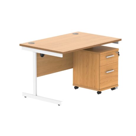 Single upright rectangular desk in Norwegian Beech with a white frame and a 2-drawer mobile under desk pedestal.